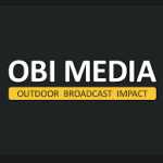 Sort og guld logo for Obi Media med sloganet 'Outdoor Broadcast Impact' under firmanavnet, vist på en mørkegrå baggrund.